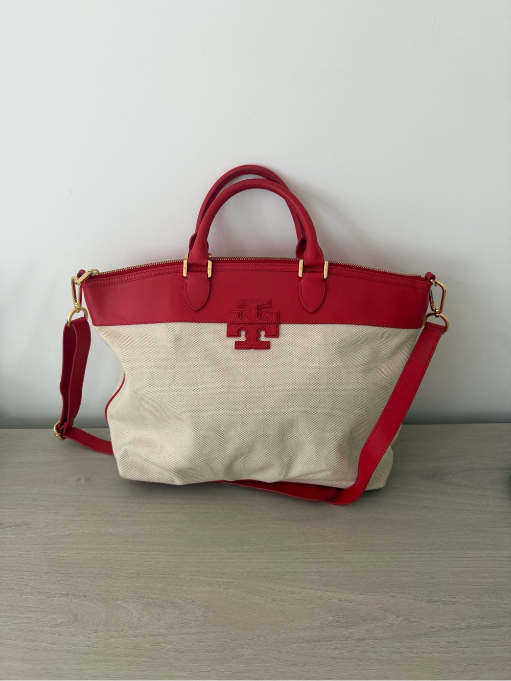 Tory Burch Red and Cream Canvas Crossbody Tote